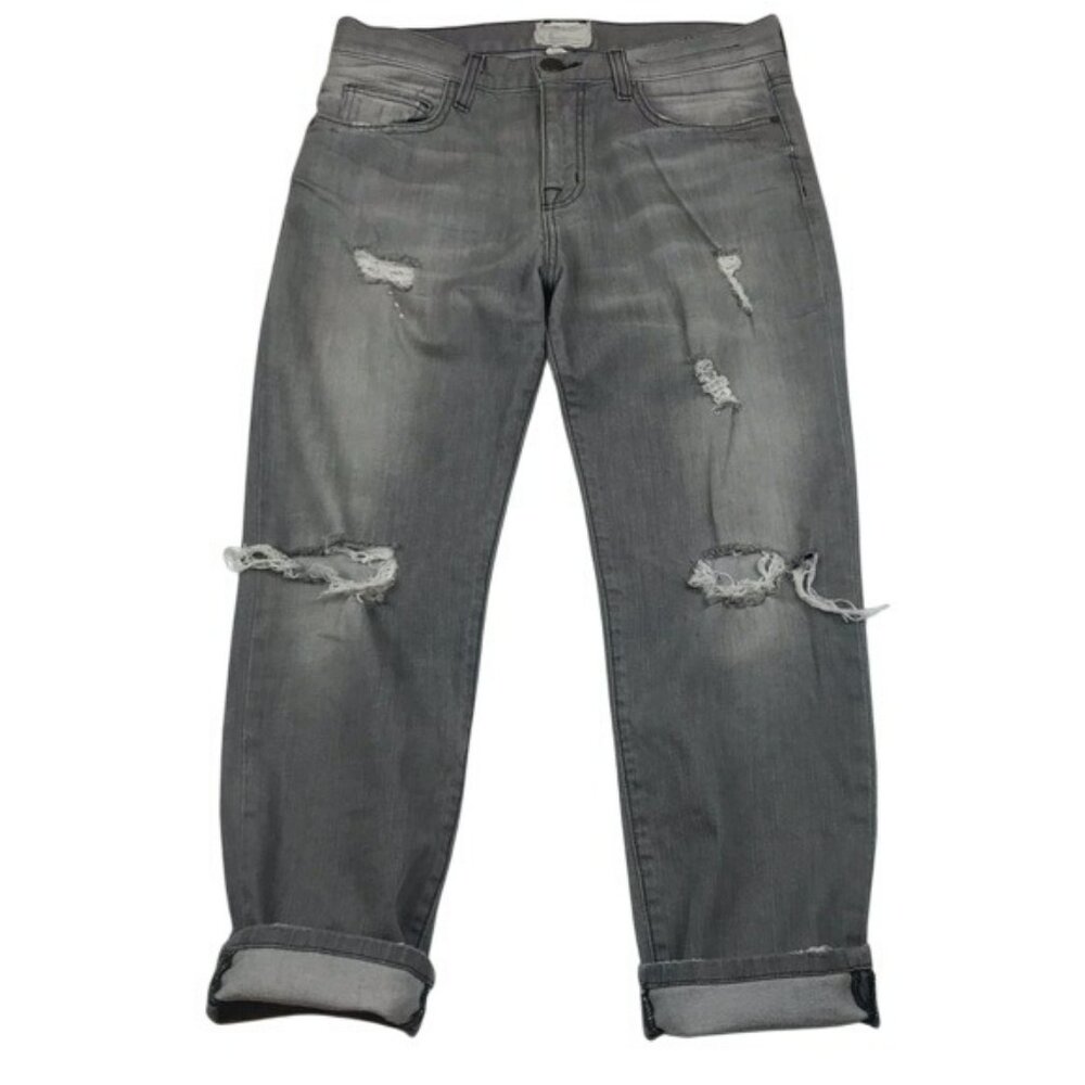 Current/Elliott Boyfriend Jeans Pale Grey Distressed Cropped Relaxed Fit 26" Wai